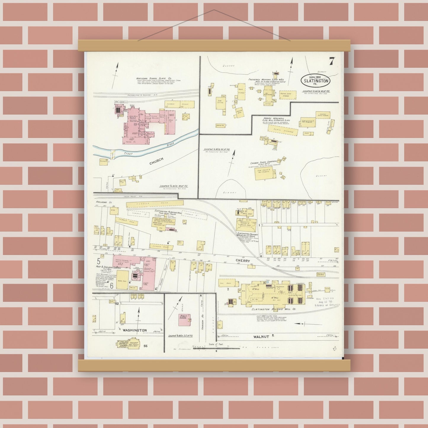 Old map wall art mockup — magnetic wood frame on brick wall — Sanborn Fire Insurance Map from Slatington, Lehigh County, Pennsylvania (1908), Sheet #0007