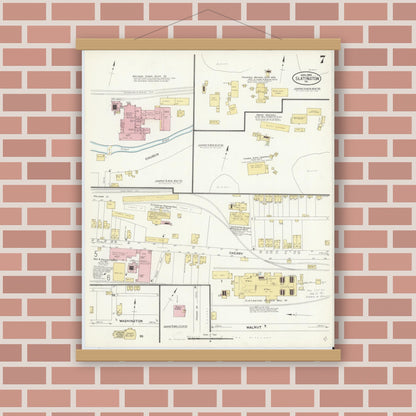 Old map wall art mockup — magnetic wood frame on brick wall — Sanborn Fire Insurance Map from Slatington, Lehigh County, Pennsylvania (1908), Sheet #0007