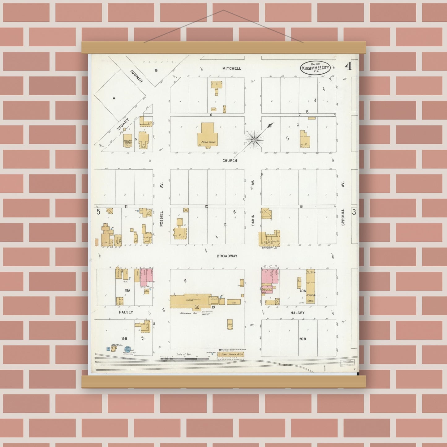 Old map wall art mockup — magnetic wood frame on brick wall — Sanborn Fire Insurance Map from Kissimmee, Osceola County, Florida (1899), Sheet #0004