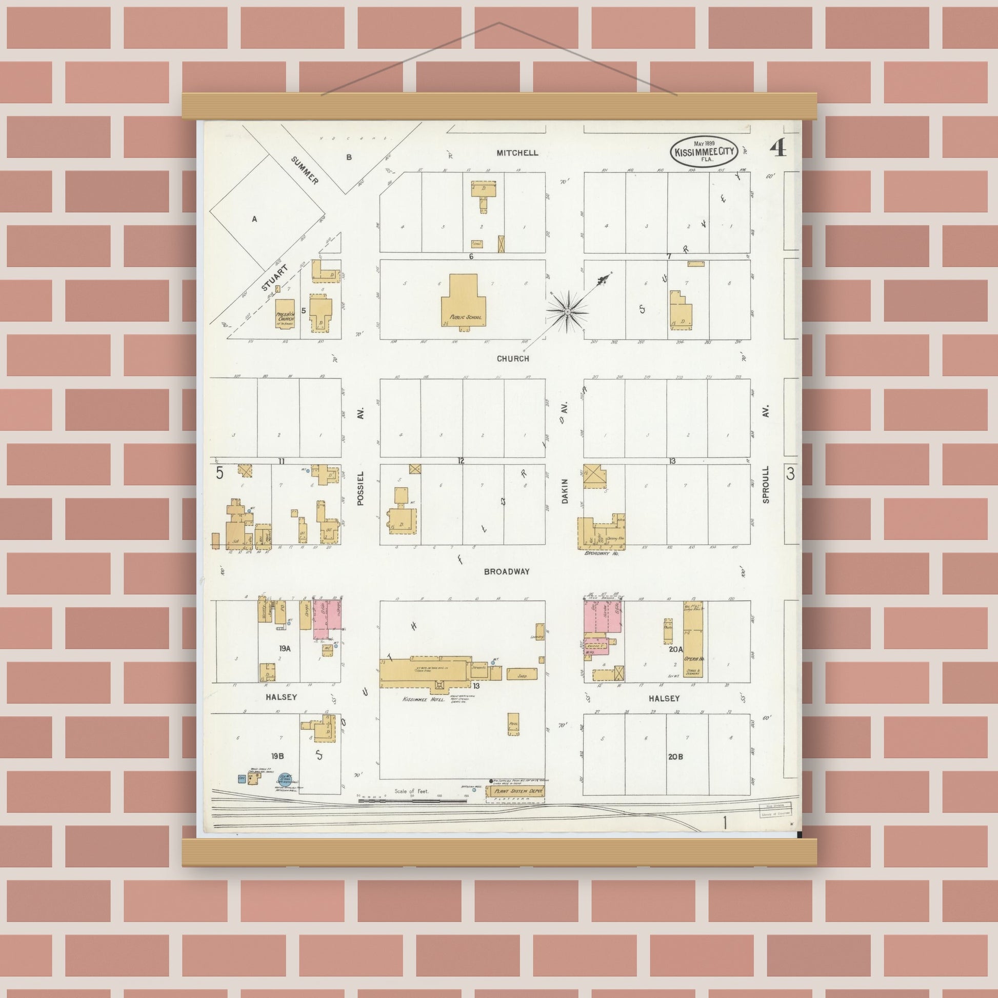Old map wall art mockup — magnetic wood frame on brick wall — Sanborn Fire Insurance Map from Kissimmee, Osceola County, Florida (1899), Sheet #0004