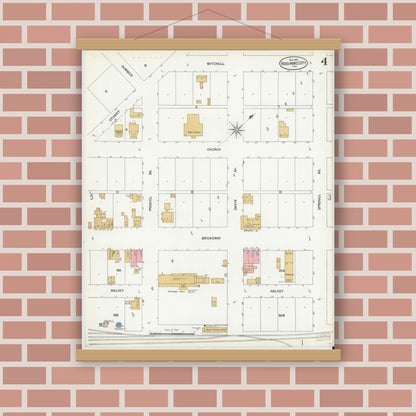 Old map wall art mockup — magnetic wood frame on brick wall — Sanborn Fire Insurance Map from Kissimmee, Osceola County, Florida (1899), Sheet #0004