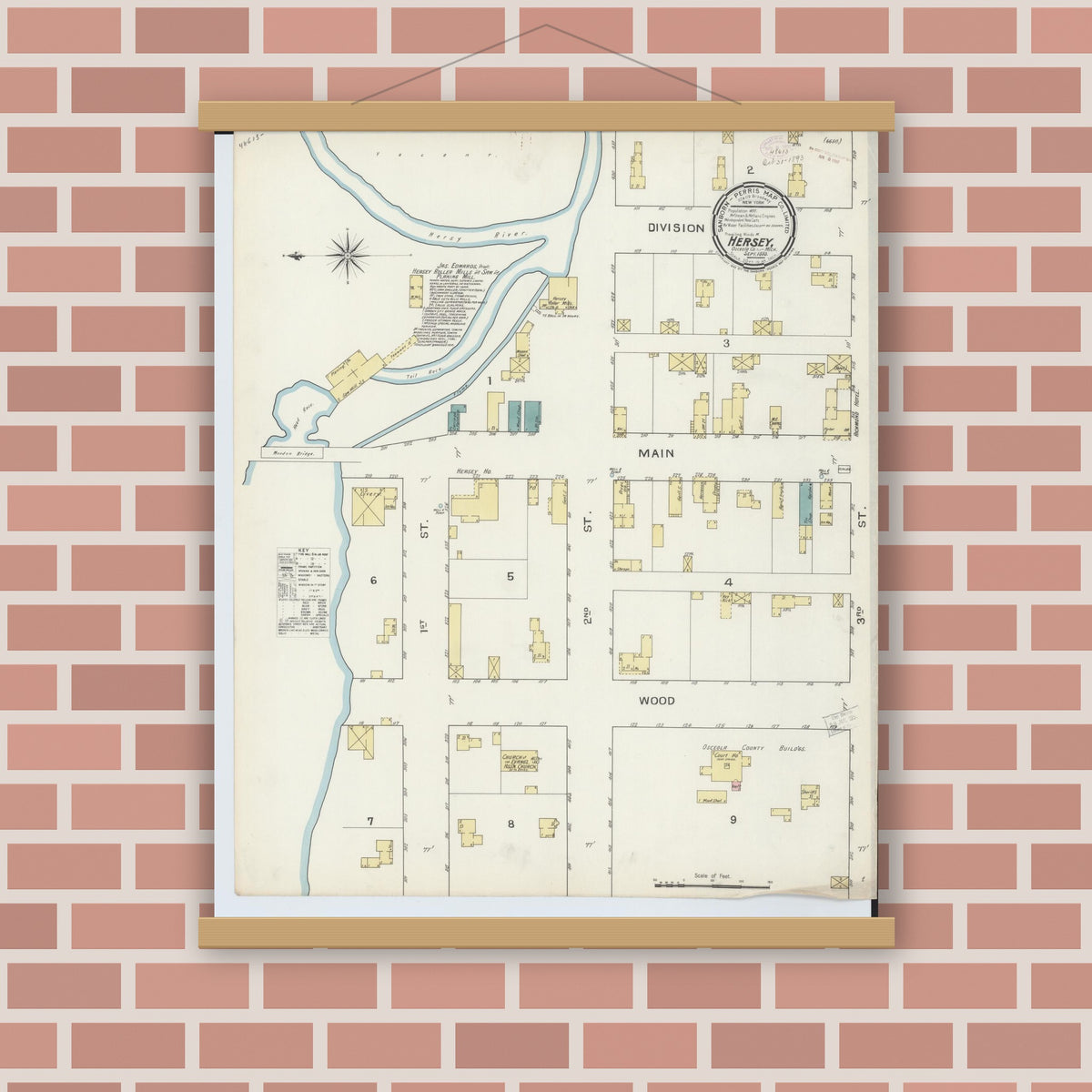 Old map wall art mockup — magnetic wood frame on brick wall — Sanborn Fire Insurance Map from Hersey, Osceola County, Michigan (1893), Sheet #0001