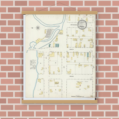 Old map wall art mockup — magnetic wood frame on brick wall — Sanborn Fire Insurance Map from Hersey, Osceola County, Michigan (1893), Sheet #0001