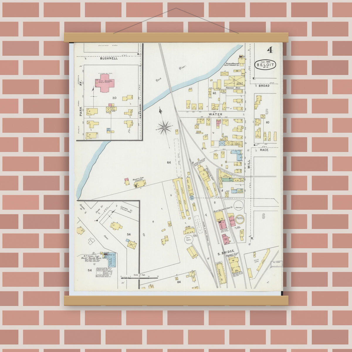 Old map wall art mockup — magnetic wood frame on brick wall — Sanborn Fire Insurance Map from Beloit, Rock County, Wisconsin (1895), Sheet #0004