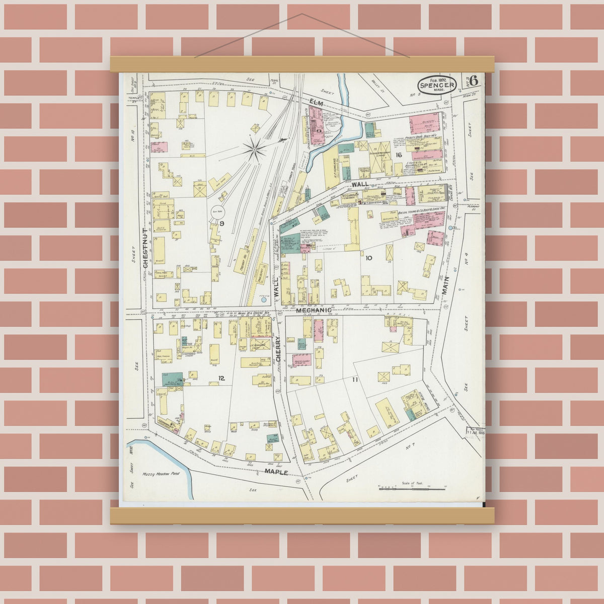 Old map wall art mockup — magnetic wood frame on brick wall — Sanborn Fire Insurance Map from Spencer, Worcester County, Massachusetts (1892), Sheet #0006