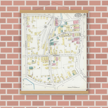 Old map wall art mockup — magnetic wood frame on brick wall — Sanborn Fire Insurance Map from Spencer, Worcester County, Massachusetts (1892), Sheet #0006