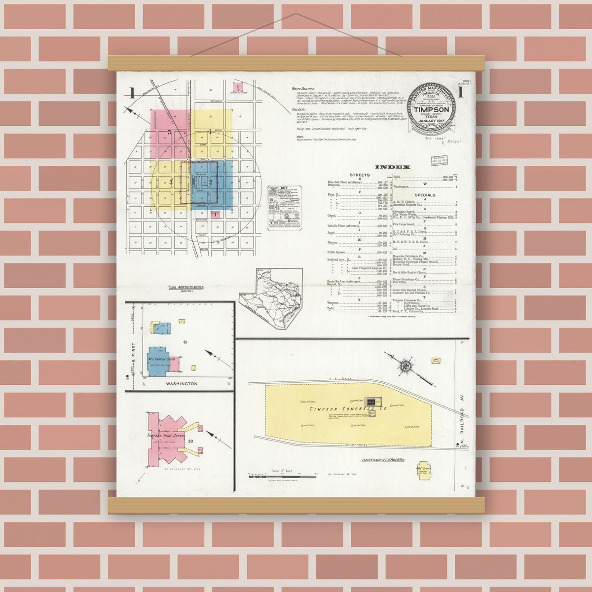 Old map wall art mockup — magnetic wood frame on brick wall — Sanborn Fire Insurance Map from Timpson, Shelby County, Texas (1927) - Complete Map Set