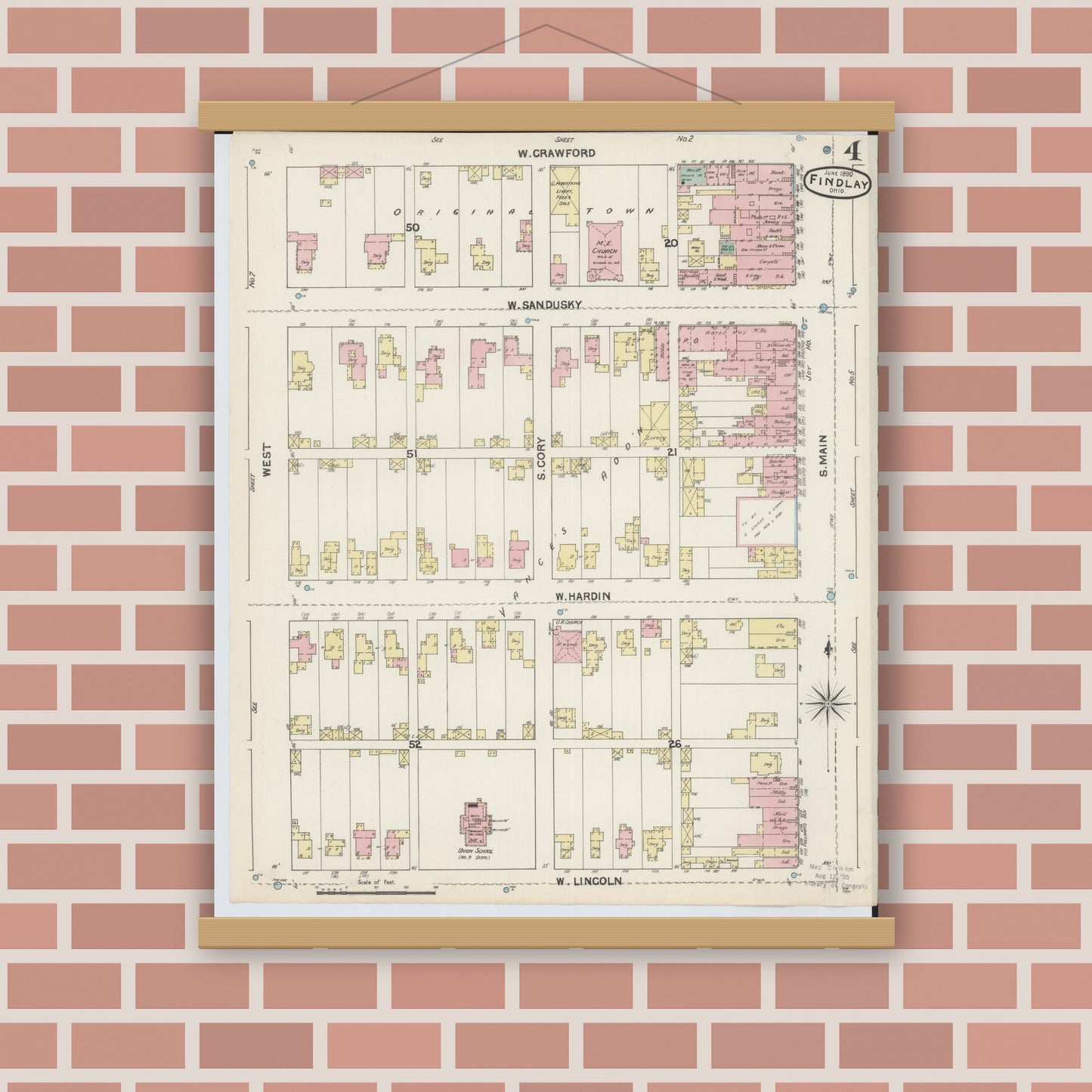 Old map wall art mockup — magnetic wood frame on brick wall — Sanborn Fire Insurance Map from Findlay, Hancock County, Ohio (1890), Sheet #0004