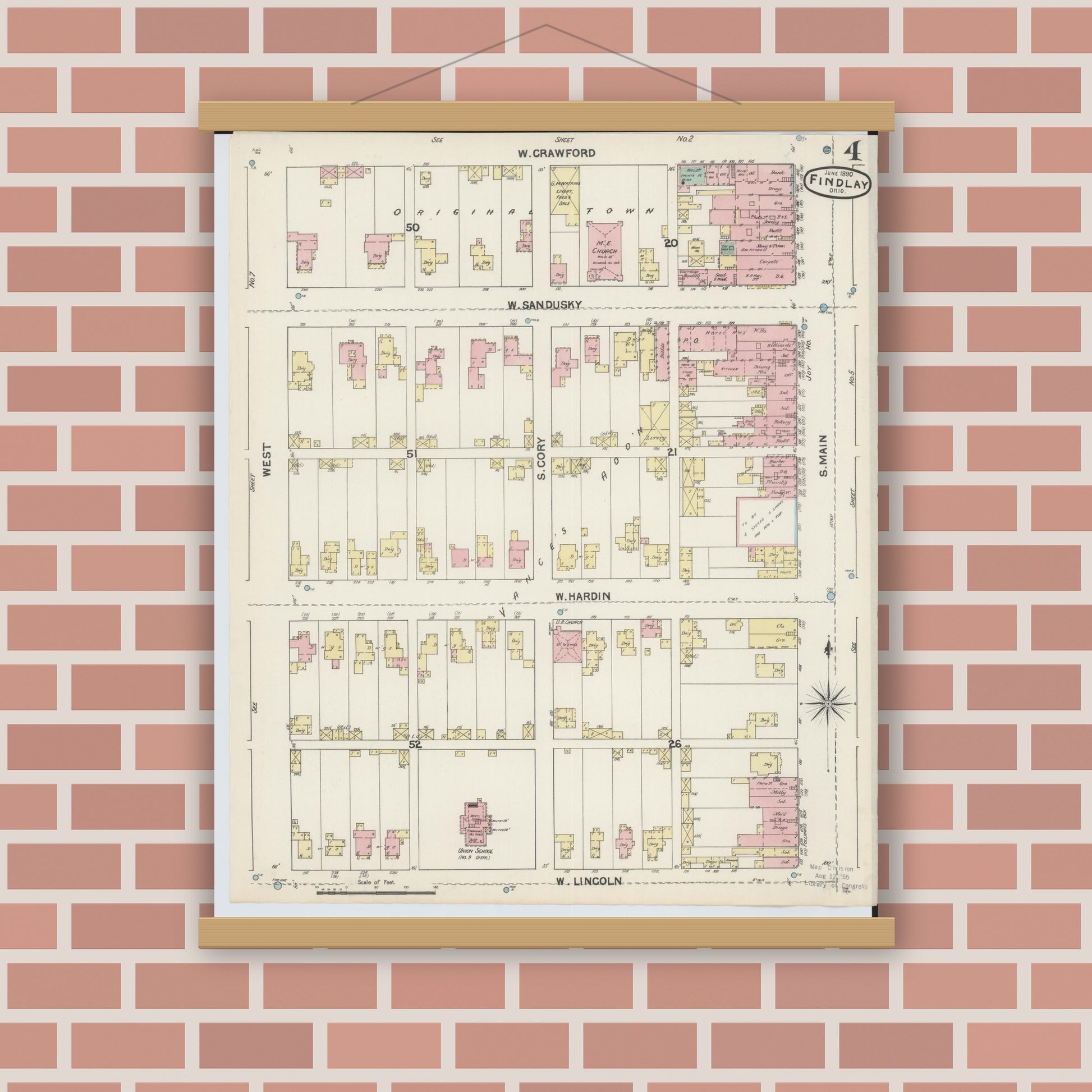 Old map wall art mockup — magnetic wood frame on brick wall — Sanborn Fire Insurance Map from Findlay, Hancock County, Ohio (1890), Sheet #0004