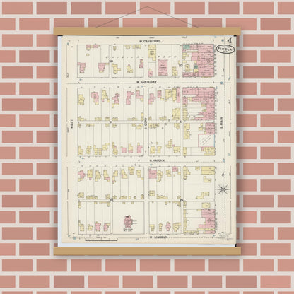 Old map wall art mockup — magnetic wood frame on brick wall — Sanborn Fire Insurance Map from Findlay, Hancock County, Ohio (1890), Sheet #0004