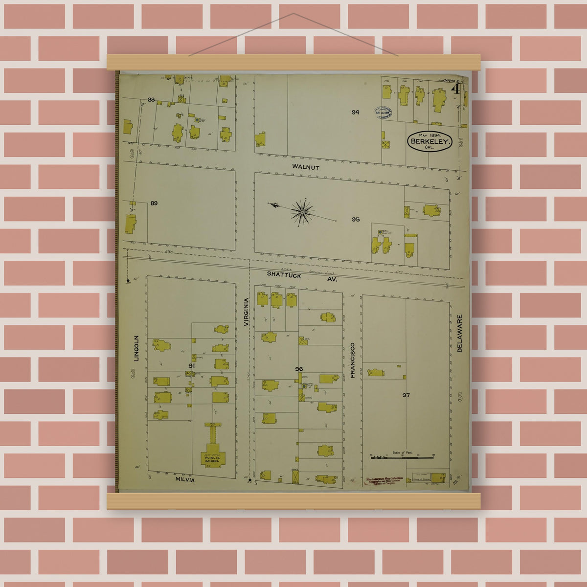 Old map wall art mockup — magnetic wood frame on brick wall — Sanborn Fire Insurance Map from Berkeley, Alameda County, California (1894), Sheet #0004