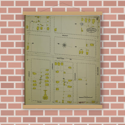 Old map wall art mockup — magnetic wood frame on brick wall — Sanborn Fire Insurance Map from Berkeley, Alameda County, California (1894), Sheet #0004