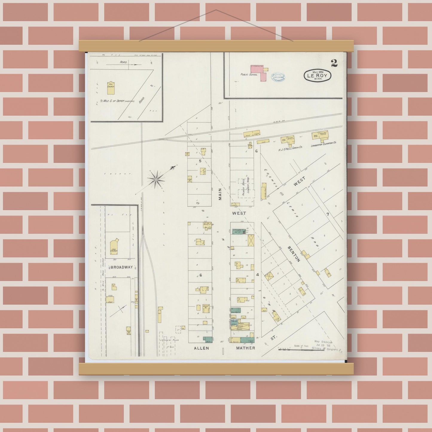Old map wall art mockup — magnetic wood frame on brick wall — Sanborn Fire Insurance Map from Le Roy, Mower County, Minnesota (1894), Sheet #0002