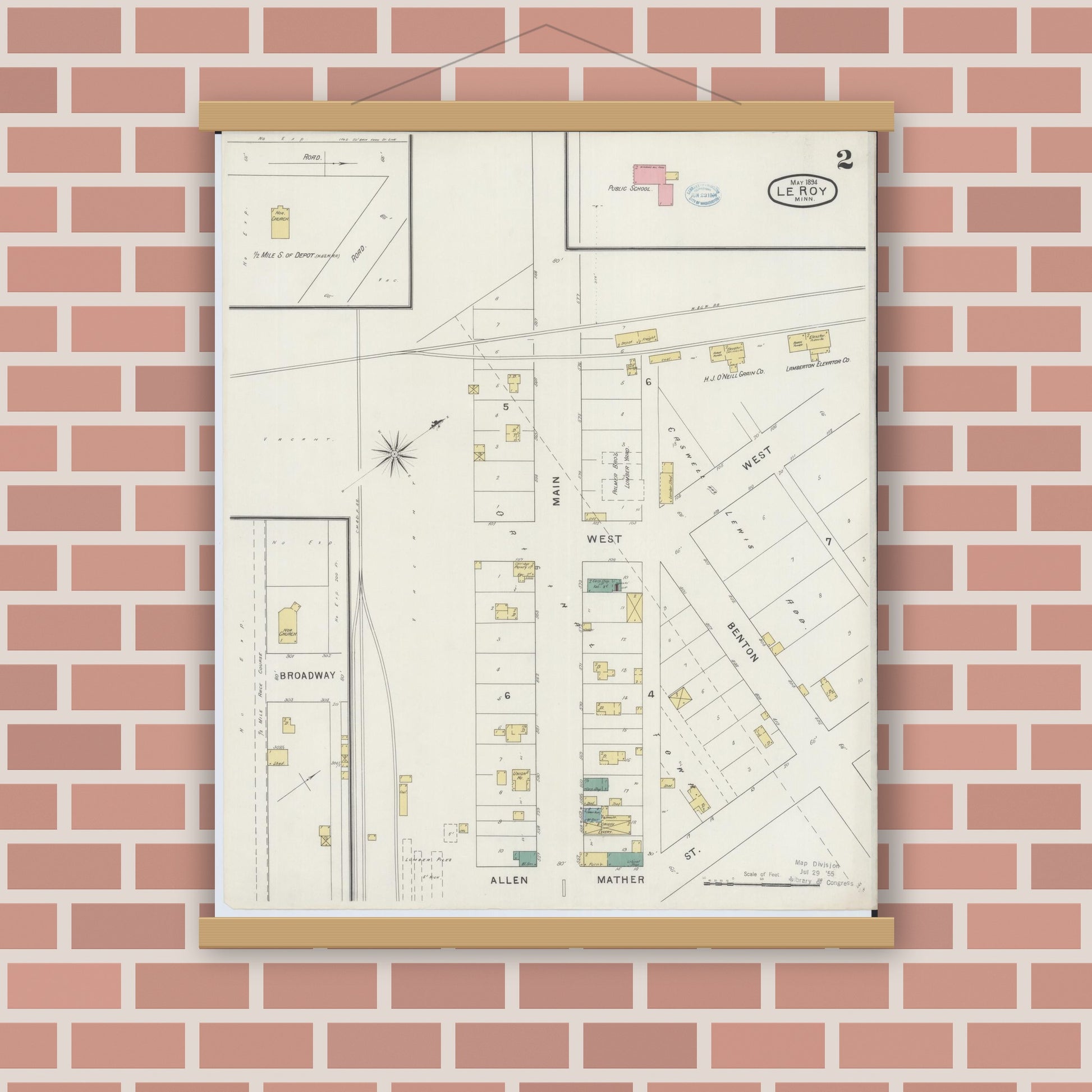 Old map wall art mockup — magnetic wood frame on brick wall — Sanborn Fire Insurance Map from Le Roy, Mower County, Minnesota (1894), Sheet #0002