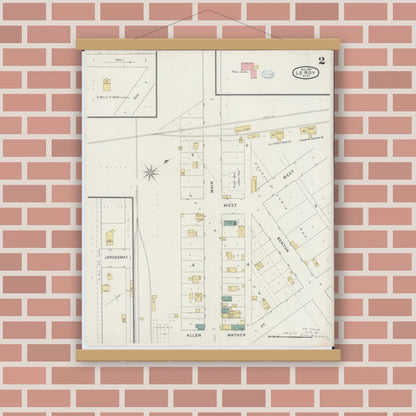 Old map wall art mockup — magnetic wood frame on brick wall — Sanborn Fire Insurance Map from Le Roy, Mower County, Minnesota (1894), Sheet #0002