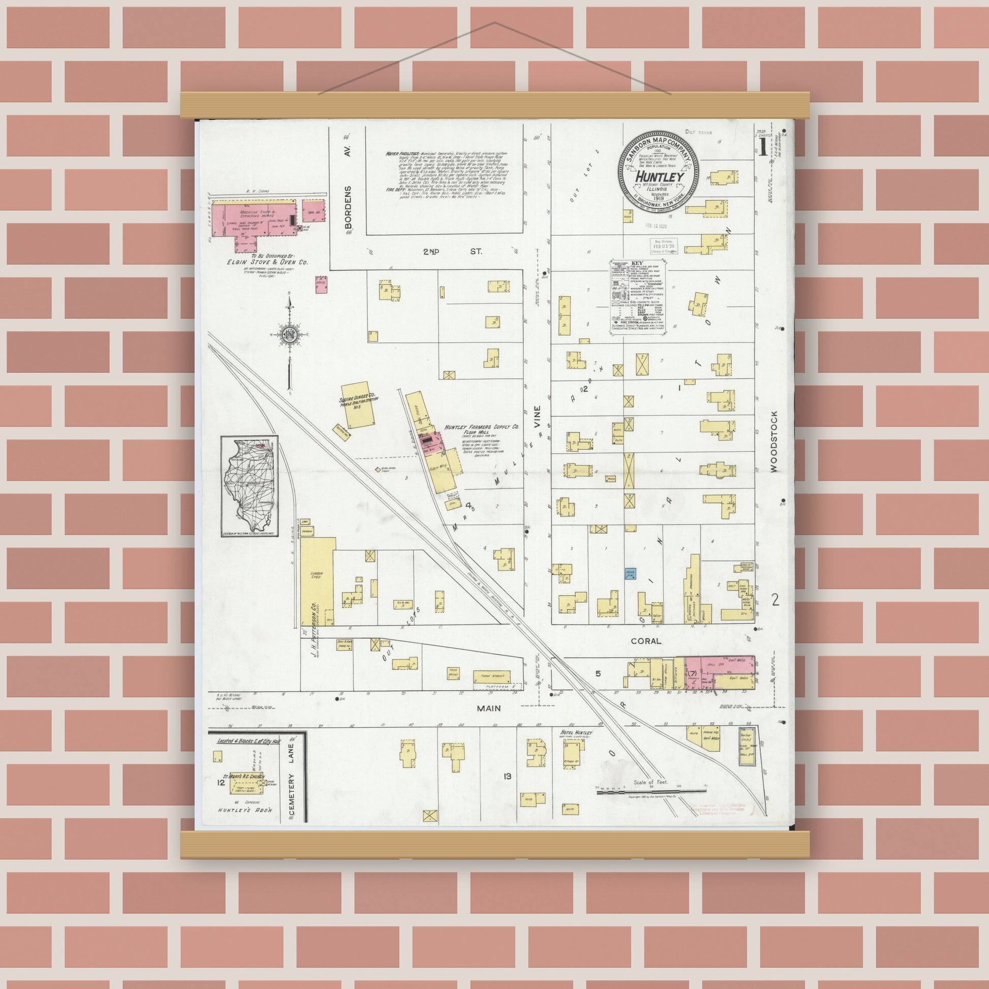 Old map wall art mockup — magnetic wood frame on brick wall — Sanborn Fire Insurance Map from Huntley, McHenry County, Illinois (1919), Sheet #0001
