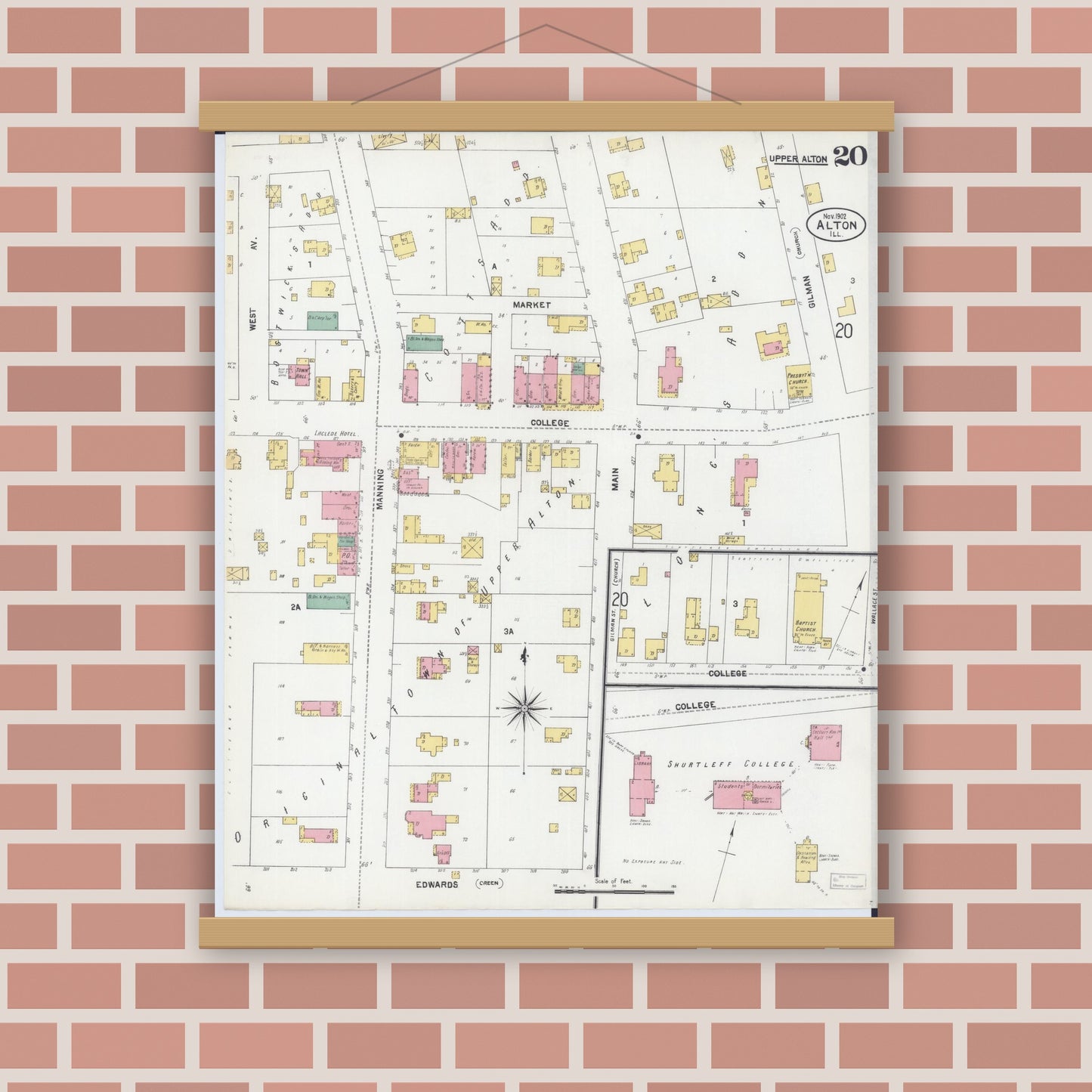 Old map wall art mockup — magnetic wood frame on brick wall — Sanborn Fire Insurance Map from Alton, Madison County, Illinois (1902), Sheet #0020