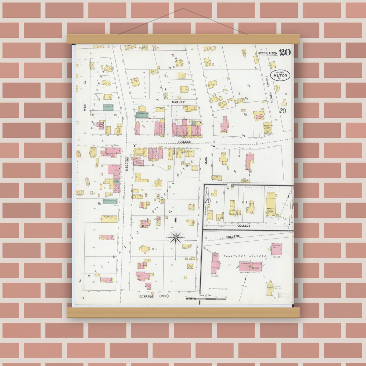 Old map wall art mockup — magnetic wood frame on brick wall — Sanborn Fire Insurance Map from Alton, Madison County, Illinois (1902), Sheet #0020