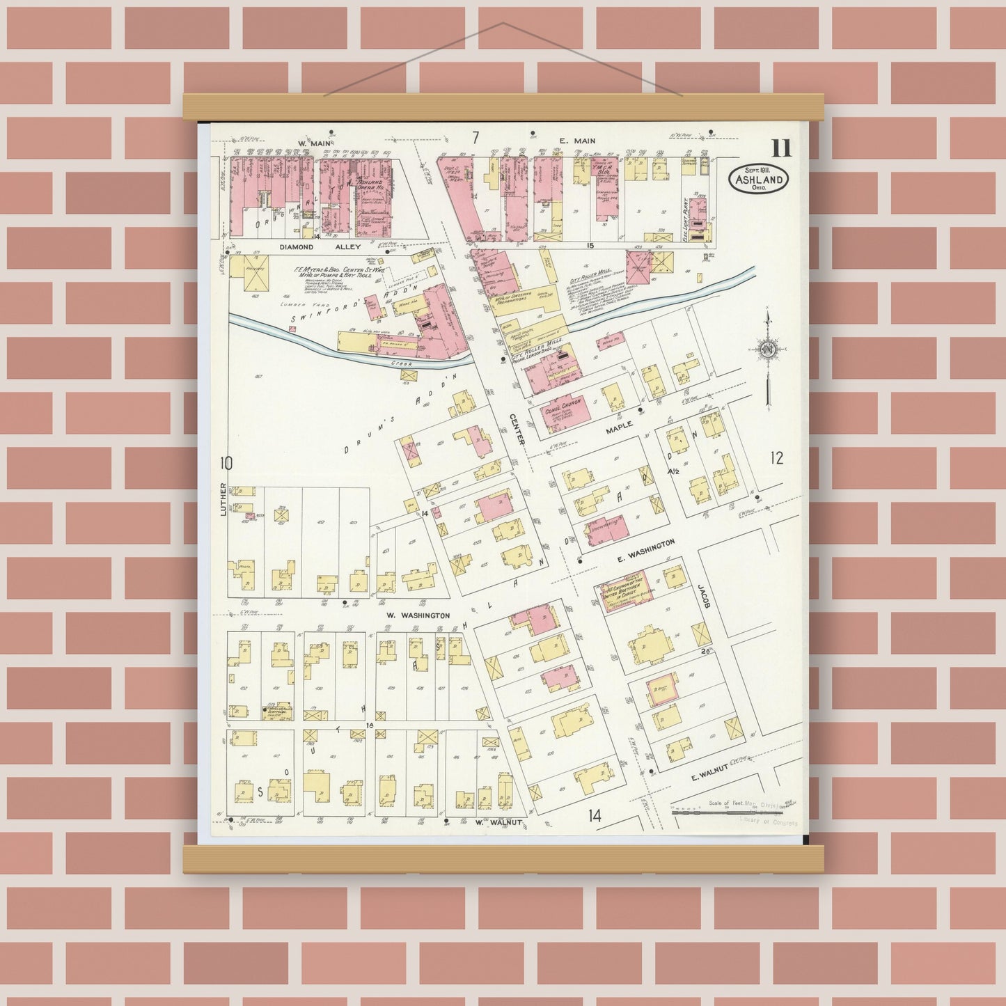 Old map wall art mockup — magnetic wood frame on brick wall — Sanborn Fire Insurance Map from Ashland, Ashland County, Ohio (1911), Sheet #0011