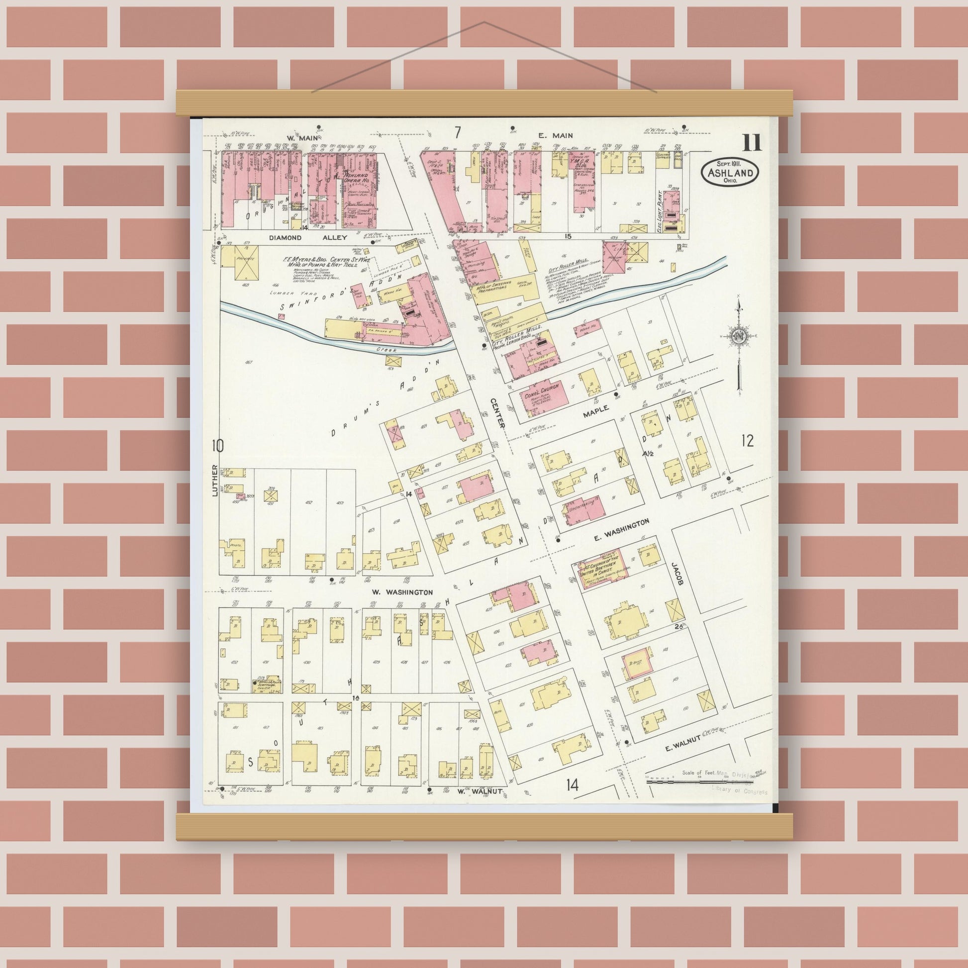 Old map wall art mockup — magnetic wood frame on brick wall — Sanborn Fire Insurance Map from Ashland, Ashland County, Ohio (1911), Sheet #0011