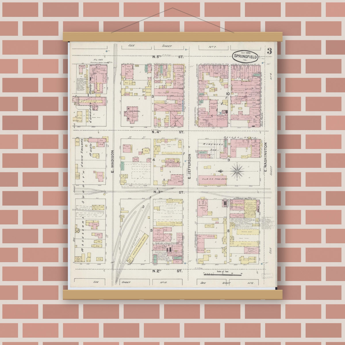 Old map wall art mockup — magnetic wood frame on brick wall — Sanborn Fire Insurance Map from Springfield, Sangamon County, Illinois (1890), Sheet #0003