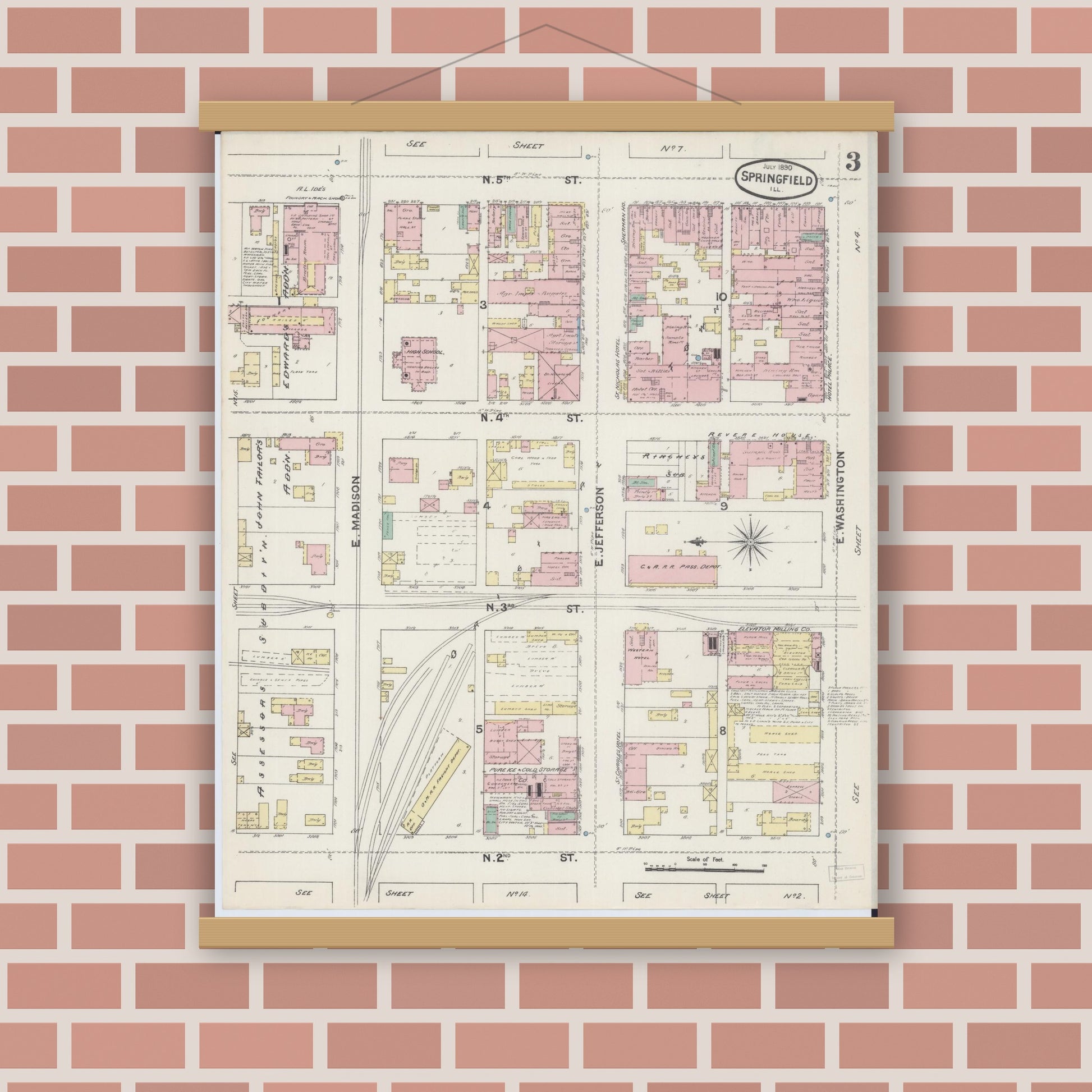 Old map wall art mockup — magnetic wood frame on brick wall — Sanborn Fire Insurance Map from Springfield, Sangamon County, Illinois (1890), Sheet #0003