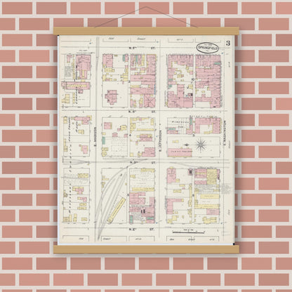 Old map wall art mockup — magnetic wood frame on brick wall — Sanborn Fire Insurance Map from Springfield, Sangamon County, Illinois (1890), Sheet #0003