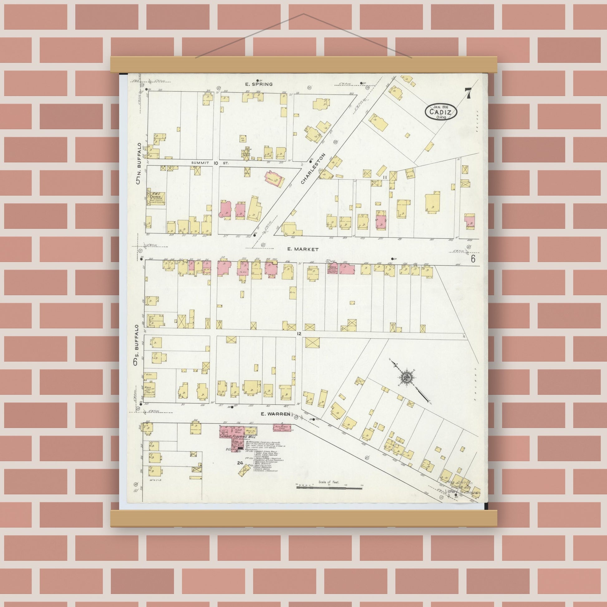 Old map wall art mockup — magnetic wood frame on brick wall — Sanborn Fire Insurance Map from Cadiz, Harrison County, Ohio (1916), Sheet #0007