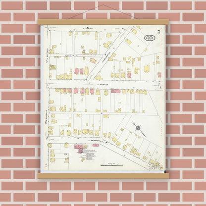Old map wall art mockup — magnetic wood frame on brick wall — Sanborn Fire Insurance Map from Cadiz, Harrison County, Ohio (1916), Sheet #0007