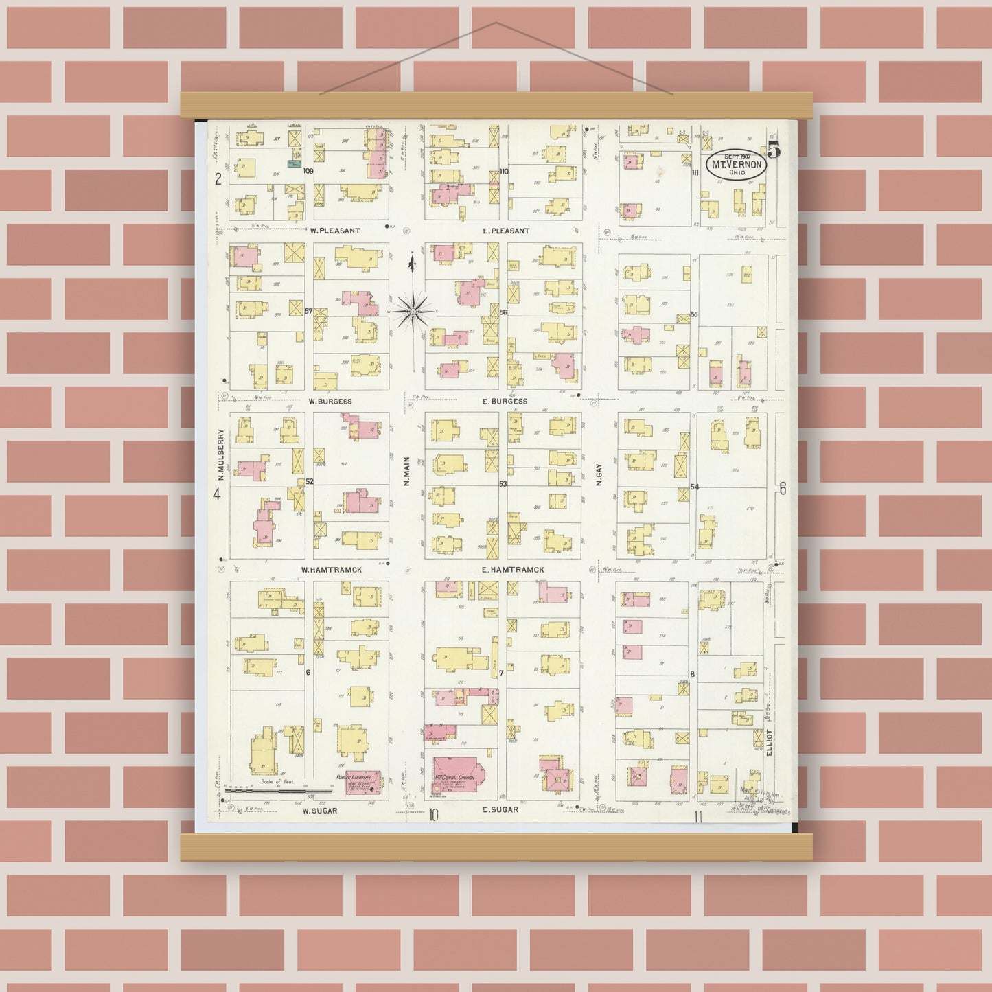 Old map wall art mockup — magnetic wood frame on brick wall — Sanborn Fire Insurance Map from Mount Vernon, Knox County, Ohio (1907), Sheet #0005