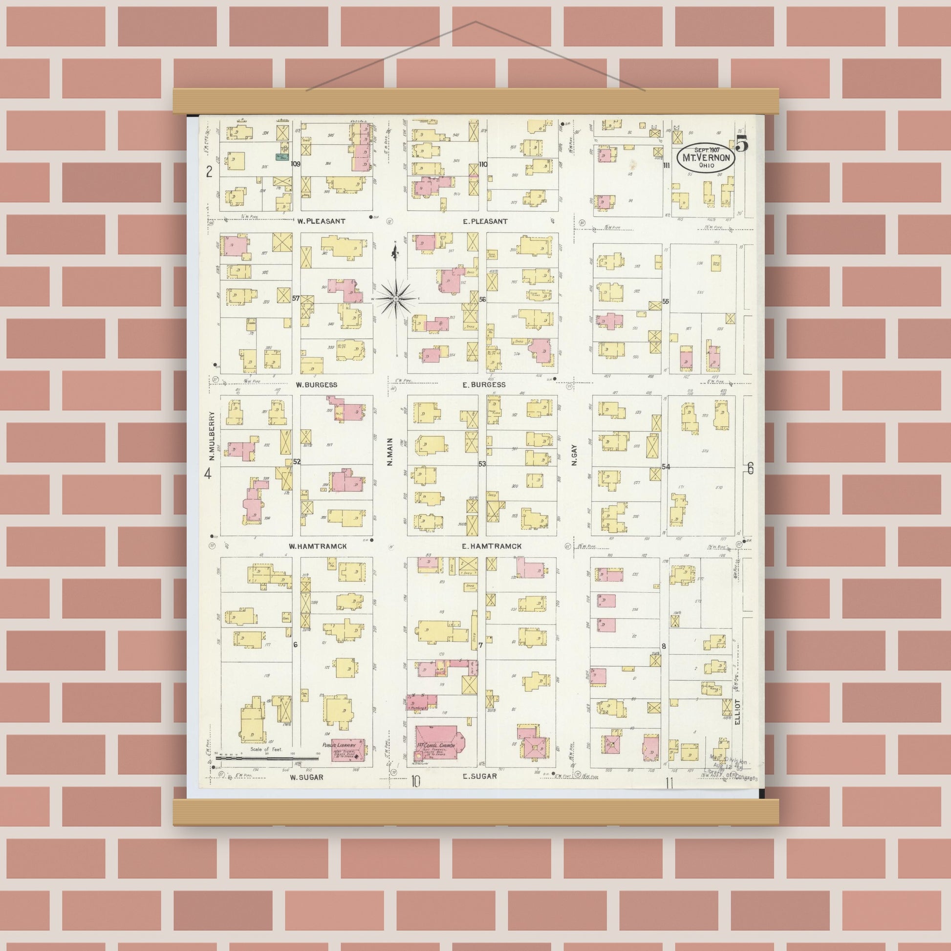 Old map wall art mockup — magnetic wood frame on brick wall — Sanborn Fire Insurance Map from Mount Vernon, Knox County, Ohio (1907), Sheet #0005