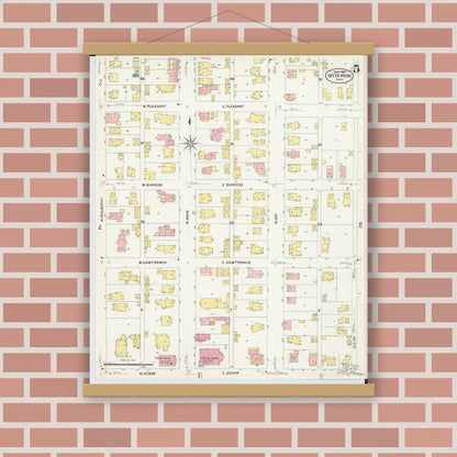 Old map wall art mockup — magnetic wood frame on brick wall — Sanborn Fire Insurance Map from Mount Vernon, Knox County, Ohio (1907), Sheet #0005