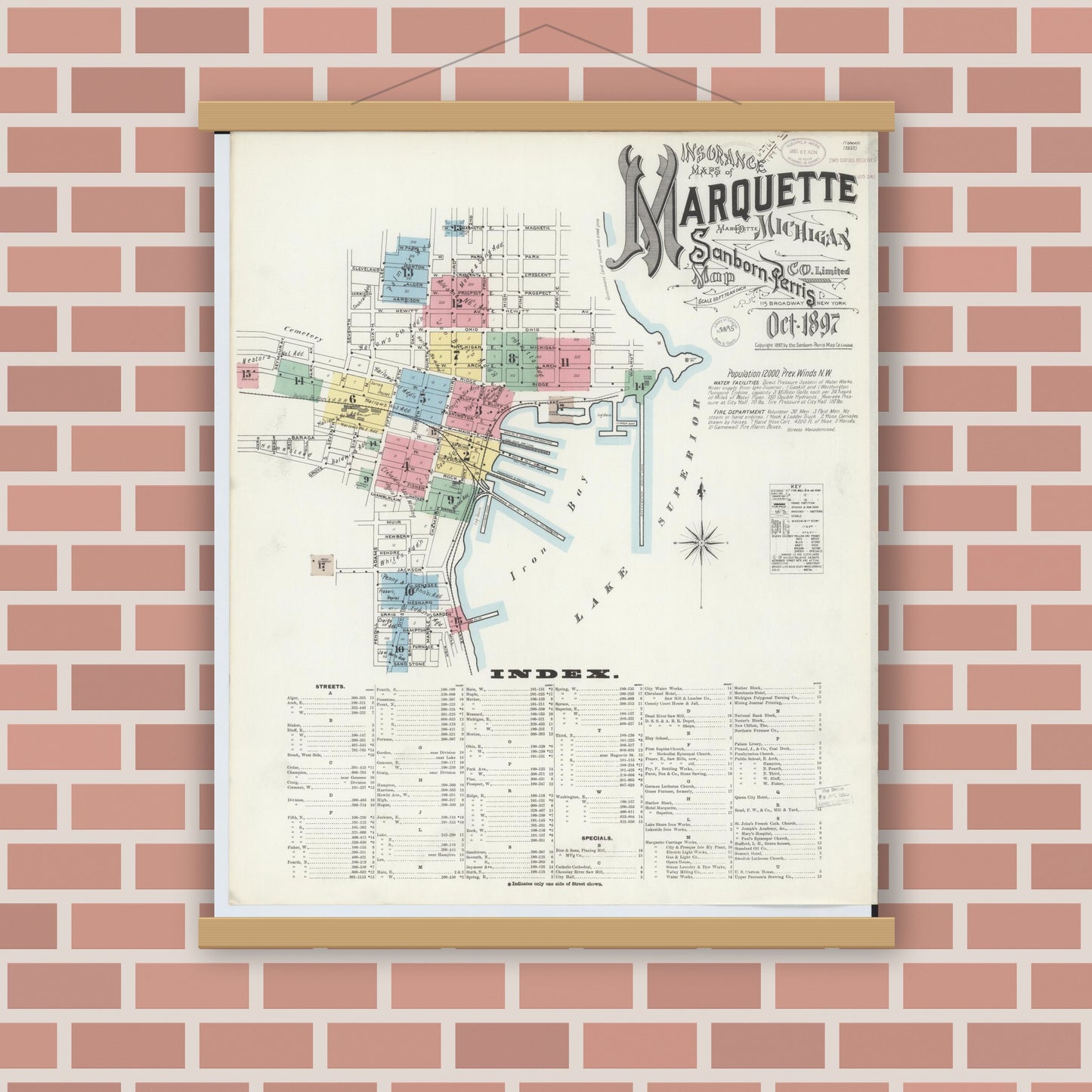 Old map wall art mockup — magnetic wood frame on brick wall — Sanborn Fire Insurance Map from Marquette, Marquette County, Michigan (1897) - Complete Map Set