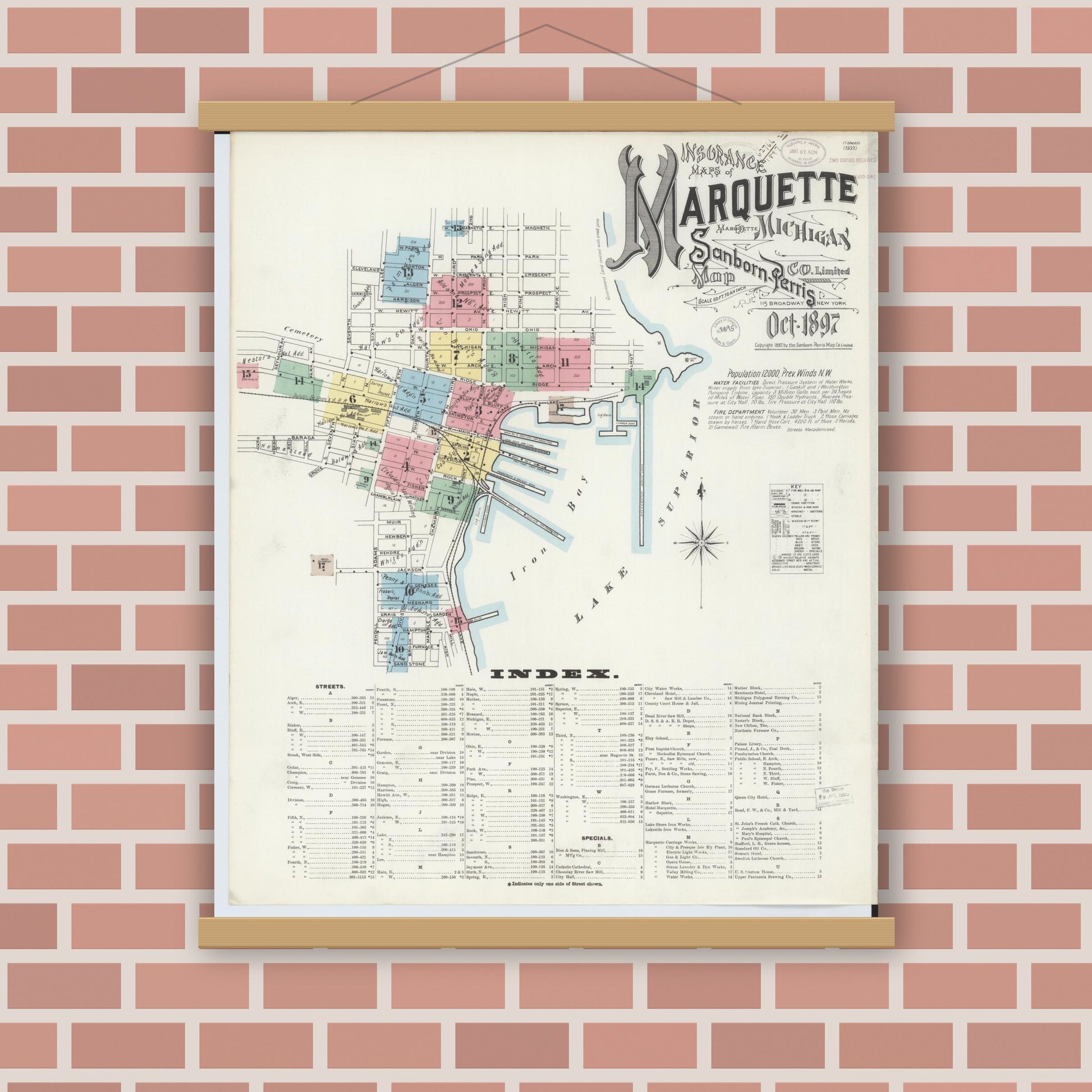 Old map wall art mockup — magnetic wood frame on brick wall — Sanborn Fire Insurance Map from Marquette, Marquette County, Michigan (1897) - Complete Map Set