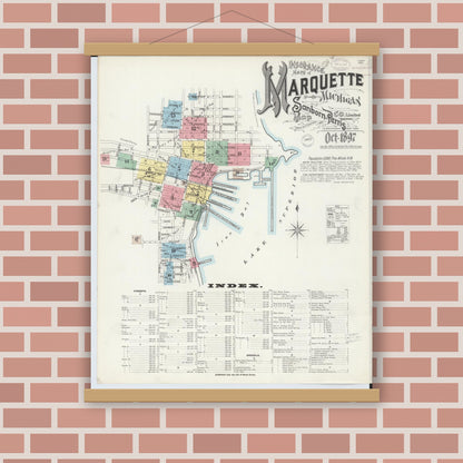 Old map wall art mockup — magnetic wood frame on brick wall — Sanborn Fire Insurance Map from Marquette, Marquette County, Michigan (1897) - Complete Map Set