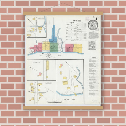 Old map wall art mockup — magnetic wood frame on brick wall — Sanborn Fire Insurance Map from Ripley, Brown County, Ohio (1904) - Complete Map Set