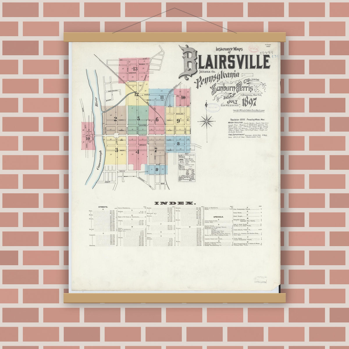 Old map wall art mockup — magnetic wood frame on brick wall — Sanborn Fire Insurance Map from Blairsville, Indiana County, Pennsylvania (1897) - Complete Map Set