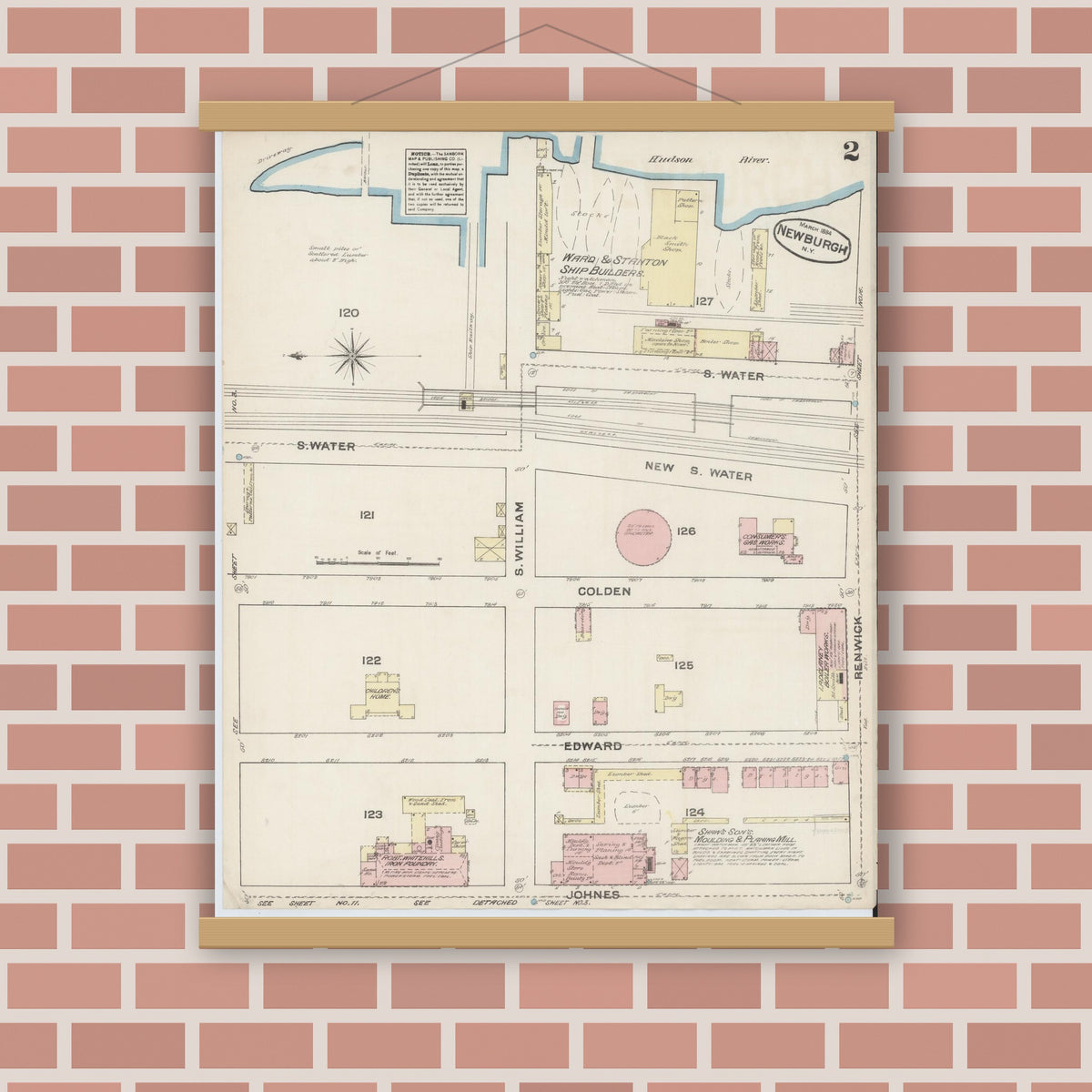 Old map wall art mockup — magnetic wood frame on brick wall — Sanborn Fire Insurance Map from Newburgh, Orange County, New York (1884), Sheet #0002