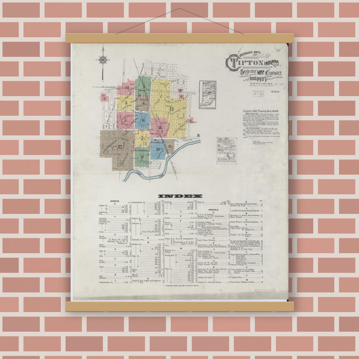 Old map wall art mockup — magnetic wood frame on brick wall — Sanborn Fire Insurance Map from Tipton, Tipton County, Indiana (1915) - Complete Map Set