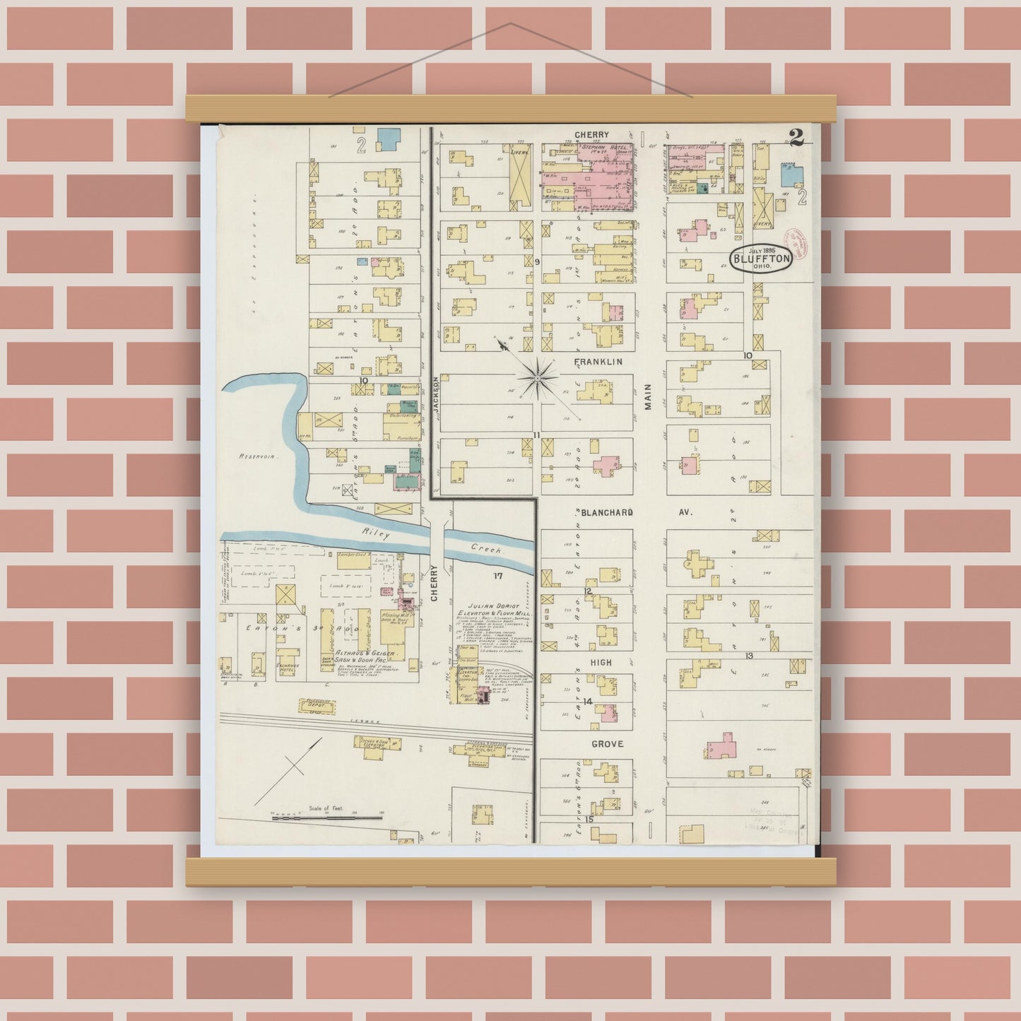 Old map wall art mockup — magnetic wood frame on brick wall — Sanborn Fire Insurance Map from Bluffton, Allen County, Ohio (1895), Sheet #0002