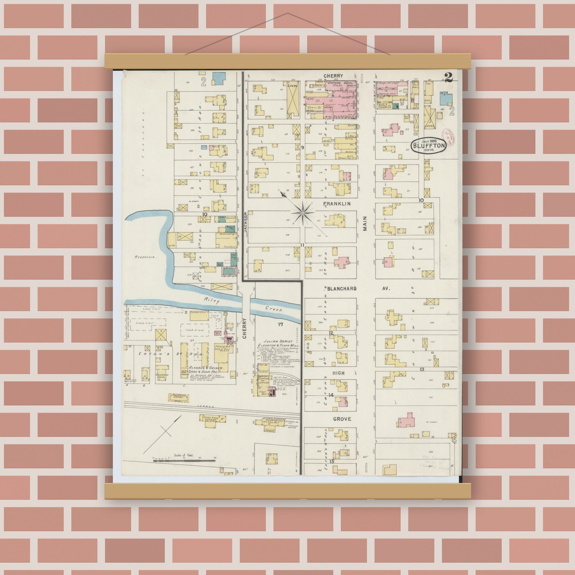 Old map wall art mockup — magnetic wood frame on brick wall — Sanborn Fire Insurance Map from Bluffton, Allen County, Ohio (1895), Sheet #0002