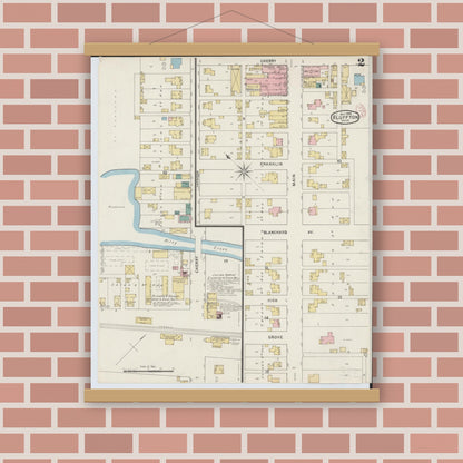 Old map wall art mockup — magnetic wood frame on brick wall — Sanborn Fire Insurance Map from Bluffton, Allen County, Ohio (1895), Sheet #0002