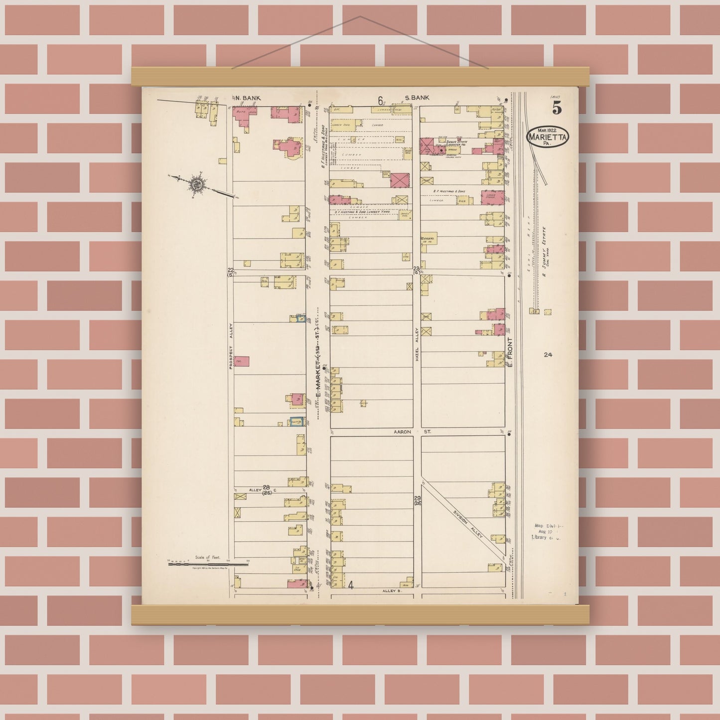Old map wall art mockup — magnetic wood frame on brick wall — Sanborn Fire Insurance Map from Marietta, Lancaster County, Pennsylvania (1922), Sheet #0005