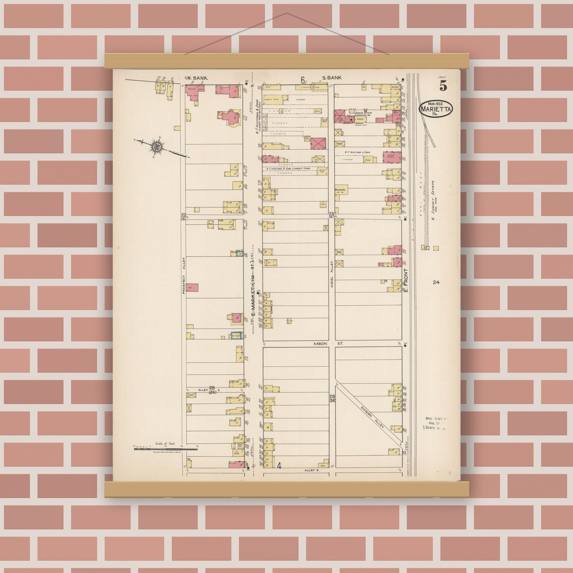Old map wall art mockup — magnetic wood frame on brick wall — Sanborn Fire Insurance Map from Marietta, Lancaster County, Pennsylvania (1922), Sheet #0005