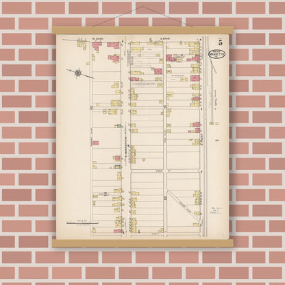 Old map wall art mockup — magnetic wood frame on brick wall — Sanborn Fire Insurance Map from Marietta, Lancaster County, Pennsylvania (1922), Sheet #0005