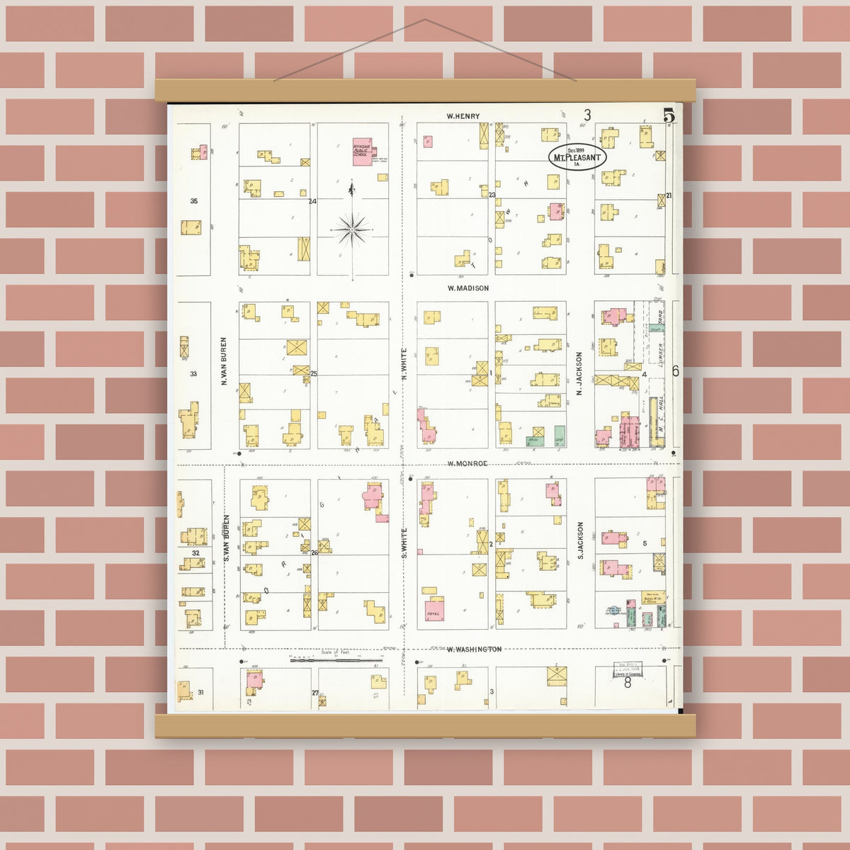 Old map wall art mockup — magnetic wood frame on brick wall — Sanborn Fire Insurance Map from Mount Pleasant, Henry County, Iowa (1899), Sheet #0005