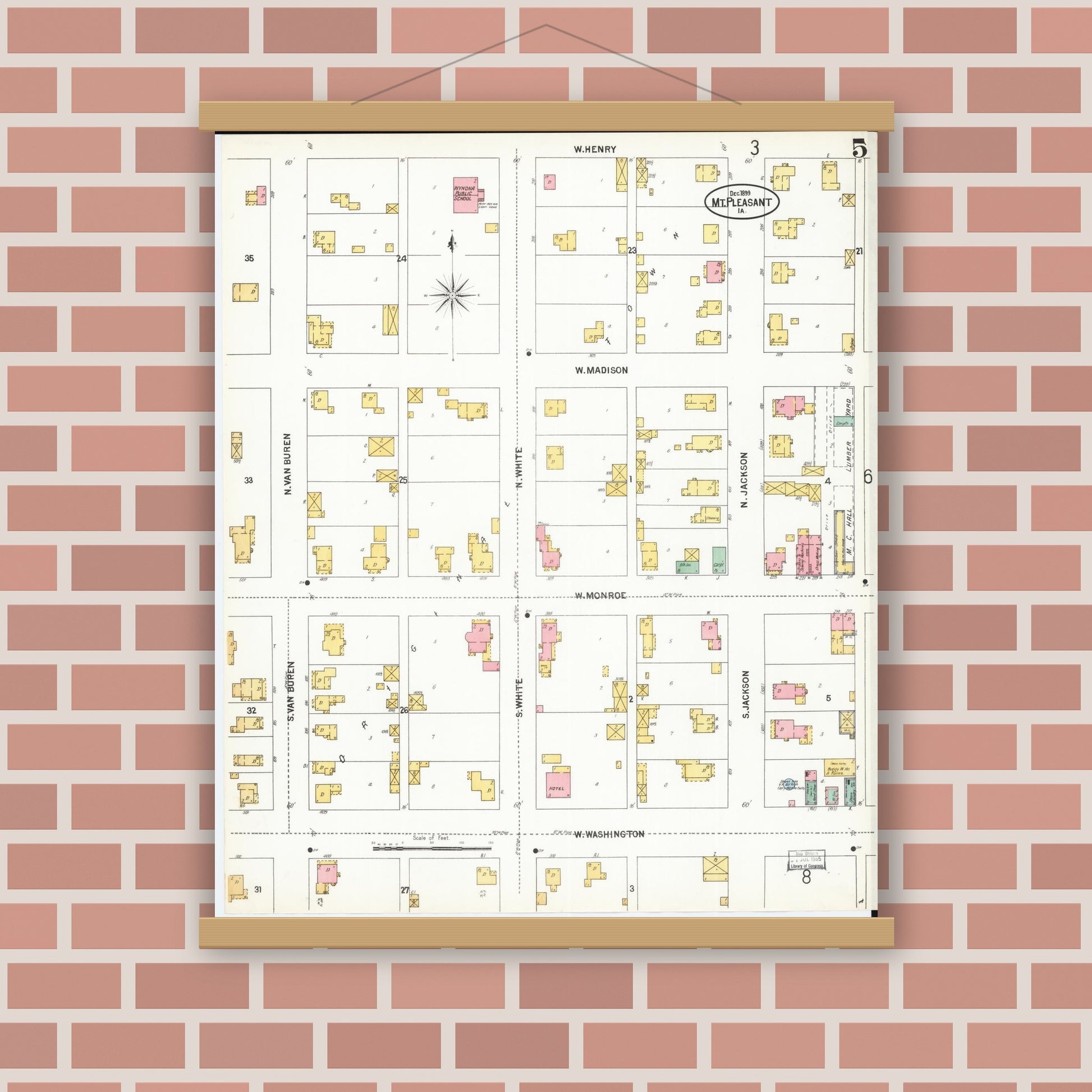 Old map wall art mockup — magnetic wood frame on brick wall — Sanborn Fire Insurance Map from Mount Pleasant, Henry County, Iowa (1899), Sheet #0005