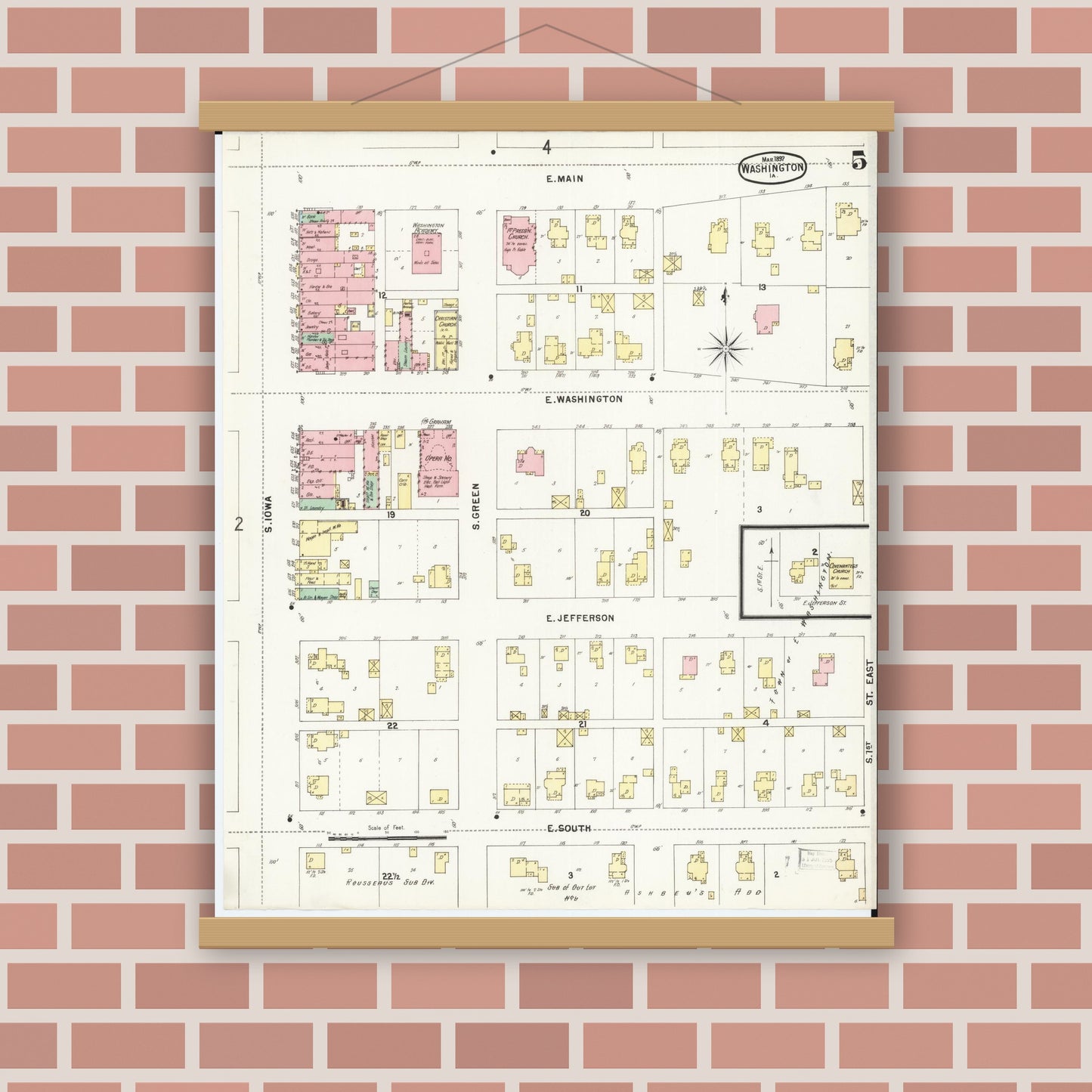 Old map wall art mockup — magnetic wood frame on brick wall — Sanborn Fire Insurance Map from Washington, Washington County, Iowa (1897), Sheet #0005