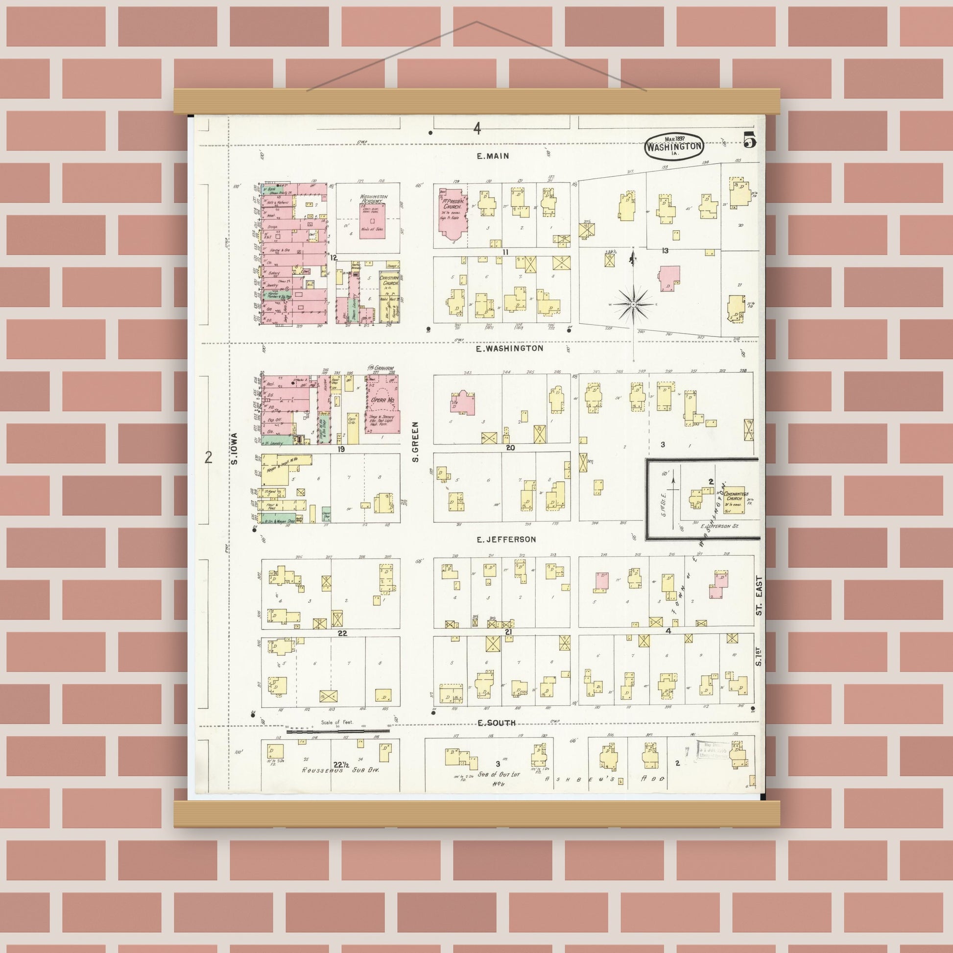 Old map wall art mockup — magnetic wood frame on brick wall — Sanborn Fire Insurance Map from Washington, Washington County, Iowa (1897), Sheet #0005