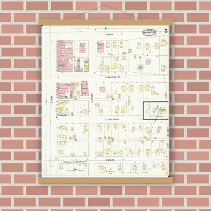 Old map wall art mockup — magnetic wood frame on brick wall — Sanborn Fire Insurance Map from Washington, Washington County, Iowa (1897), Sheet #0005